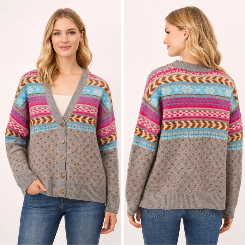 NWT Lucky Brand Fair Isle Knit Cardigan Sweater Small Colorful Stripe Wool Blend